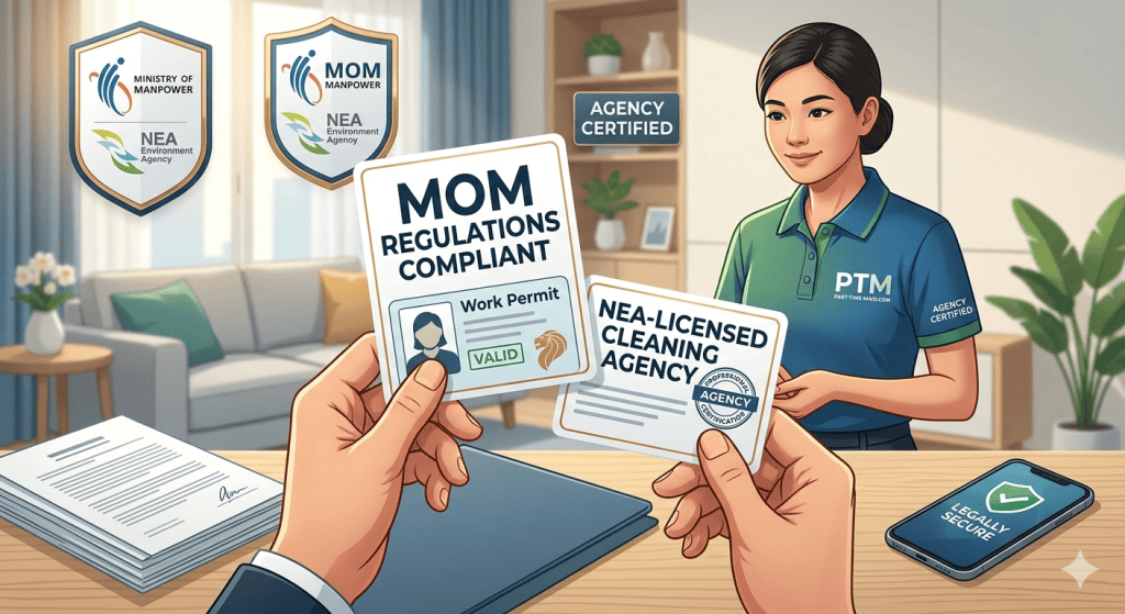 Legal part-time maid compliance in Singapore showing MOM regulations and professional cleaning agency certification