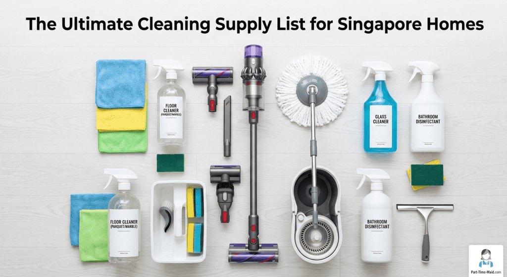 Essential cleaning supply list including vacuum, mop, detergents, and microfiber cloths for Singapore homes