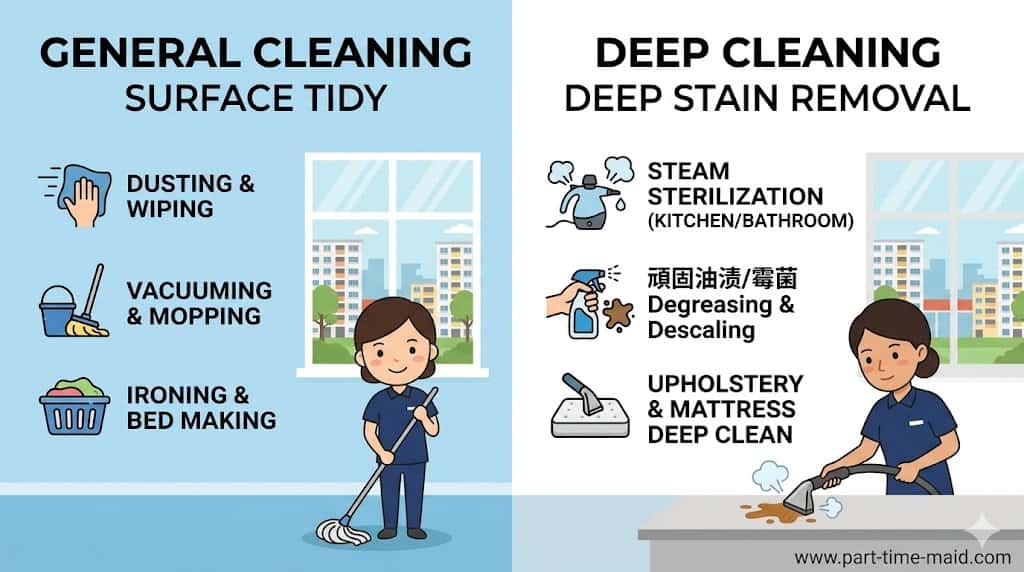 Deep cleaning vs general cleaning Singapore comparison: Professional flat infographic highlighting steam cleaning, degreasing, and upholstery vs standard tidy services at part-time-maid.com.
