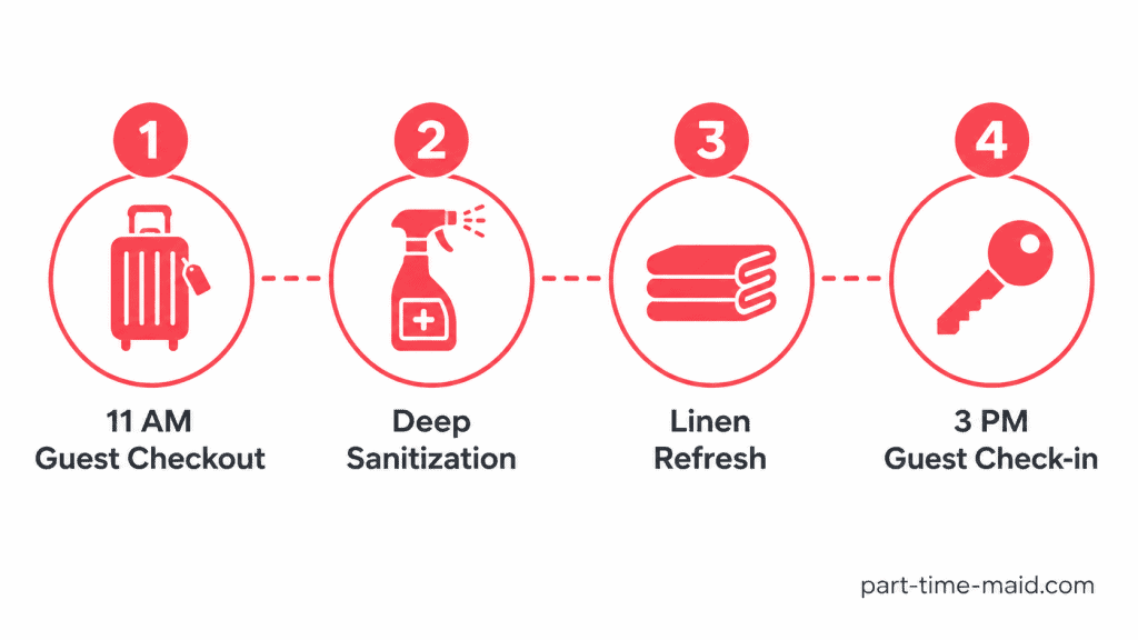 16:9 infographic showing a 4-step Airbnb turnover cleaning process including guest checkout, deep sanitization, linen refresh, and guest check-in.