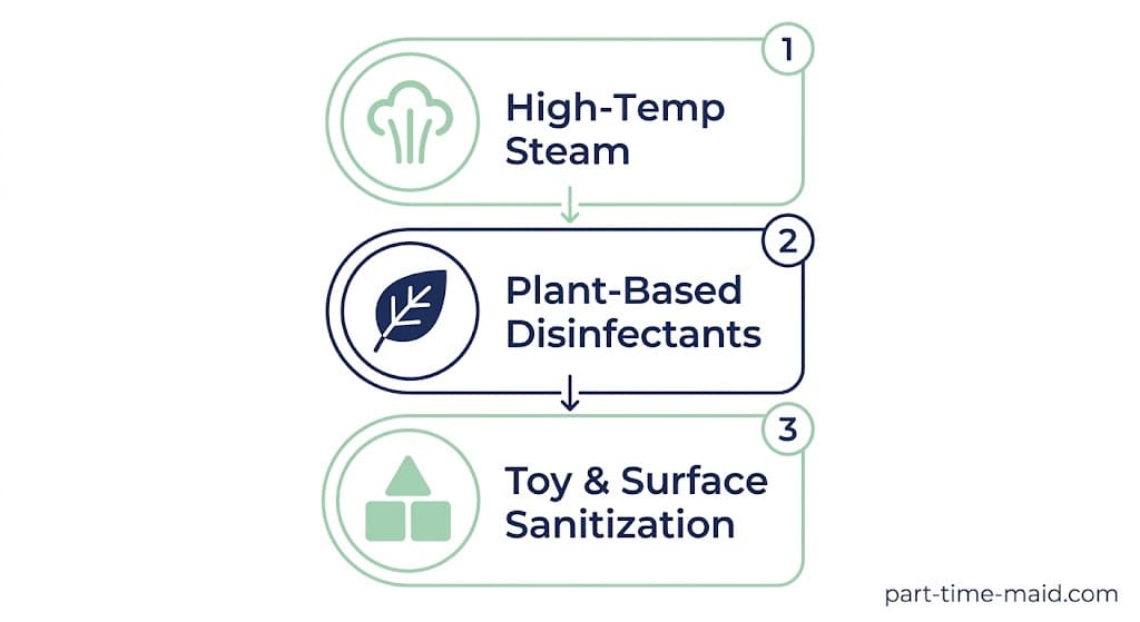 Infographic illustrating the 3-step non-toxic cleaning process: Steam, plant-based products, and toy sanitization.