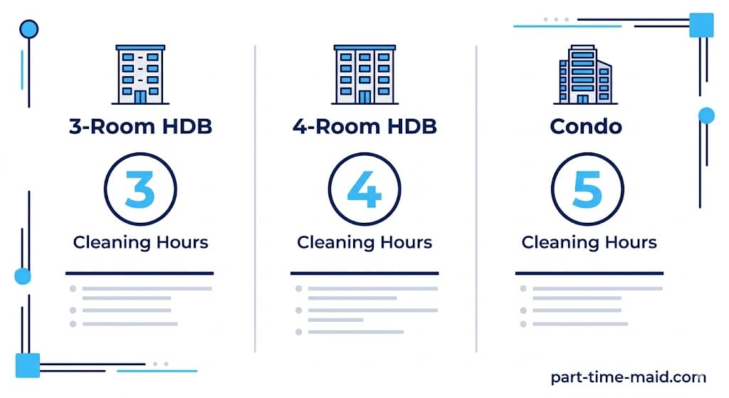 Infographic comparing recommended weekly cleaning hours for 3-room, 4-room, 5-room HDB flats and various private condo sizes in Singapore.