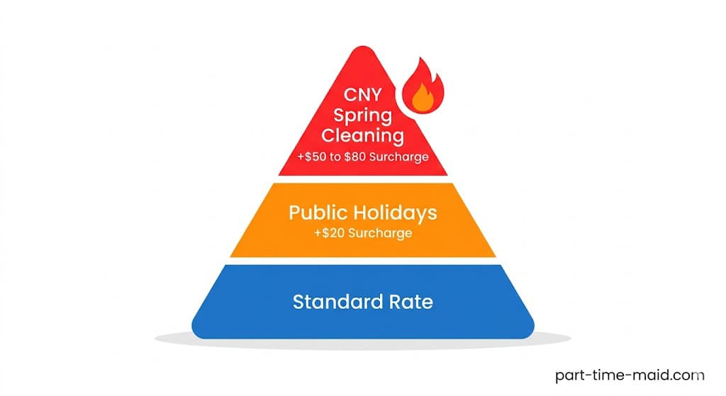 Infographic explaining the three tiers of part-time cleaning rates in Singapore: Standard, Public Holiday, and CNY Peak Season.