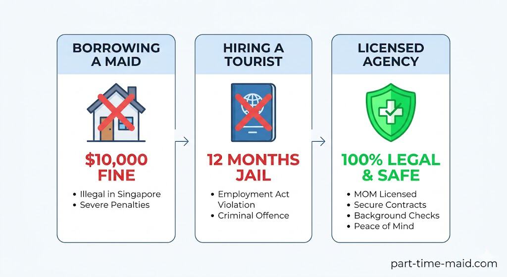Infographic comparing the severe fines and jail risks of hiring illegal maids versus using a 100% legal NEA-licensed agency in Singapore.