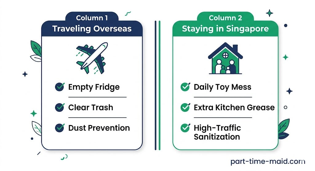 Infographic comparing the cleaning priorities for families traveling overseas versus families staying in Singapore during the June school holidays.