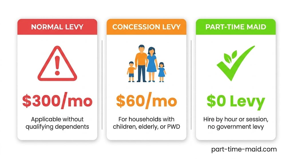 Infographic comparing the $300 normal maid levy, the $60 concession levy, and the $0 levy for part-time maids in Singapore.