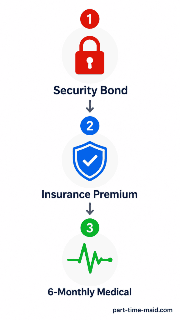 Infographic illustrating the 3 main mandatory costs for full-time maids: Security Bond, Insurance, and 6ME.
