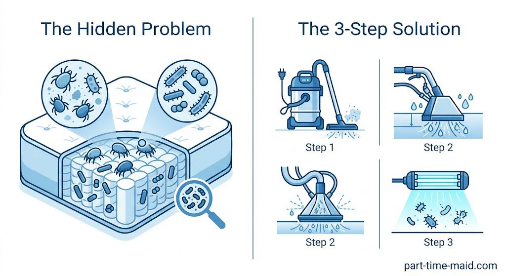 Infographic illustrating the microscopic allergens found in mattresses and the professional 3-step deep cleaning solution.