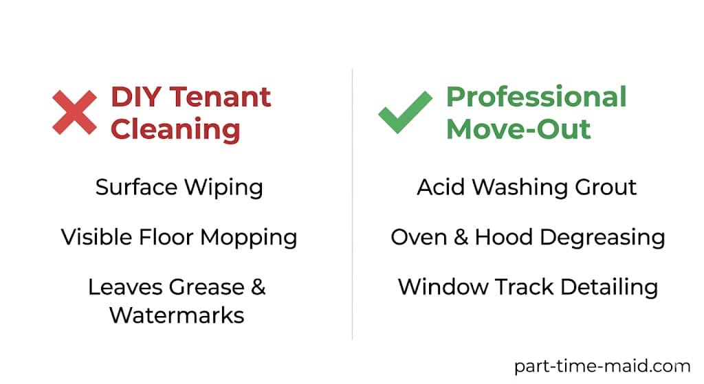 Infographic comparing the limitations of DIY tenant cleaning versus the deep detailing of a professional move-out cleaning service.