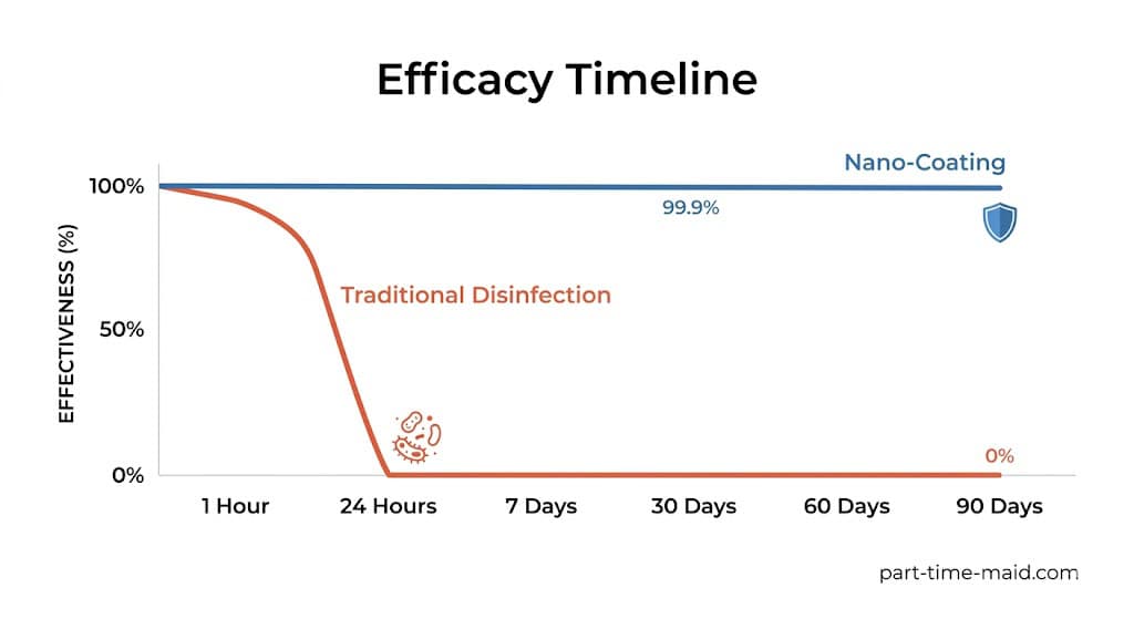 Infographic comparing the durability of nano-coating protection (90 days) versus traditional chemical spraying (1 hour).