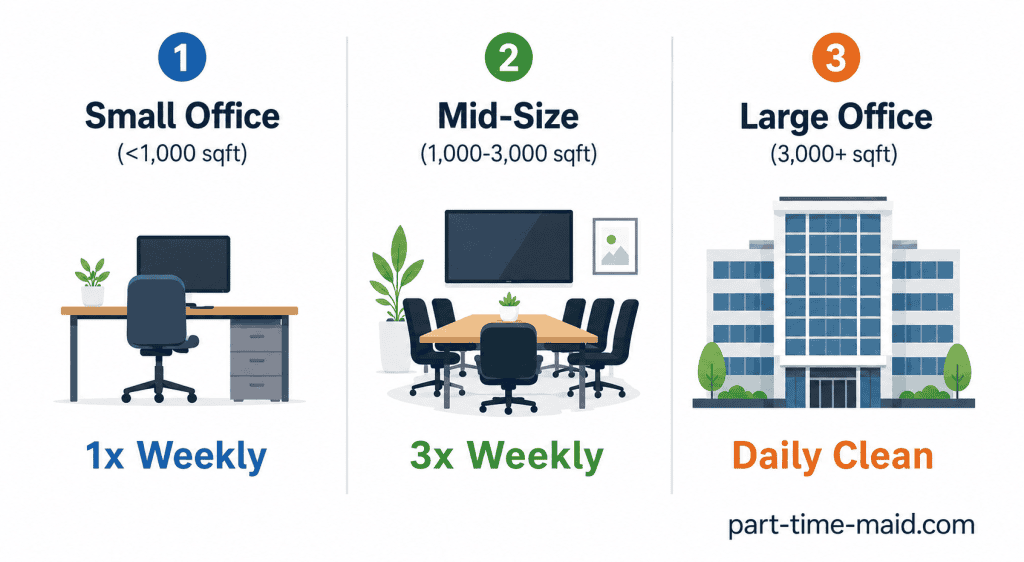 Infographic showing the recommended cleaning frequency for small, mid-size, and large commercial offices in Singapore.