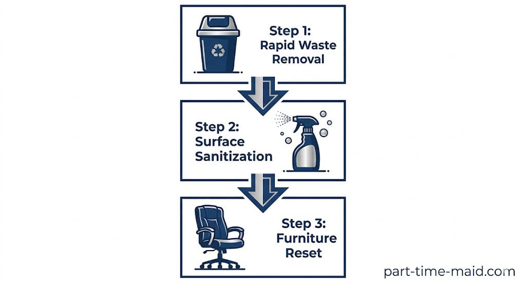 Infographic illustrating the 3-step professional process for corporate event cleanup: Waste removal, sanitization, and furniture resetting.