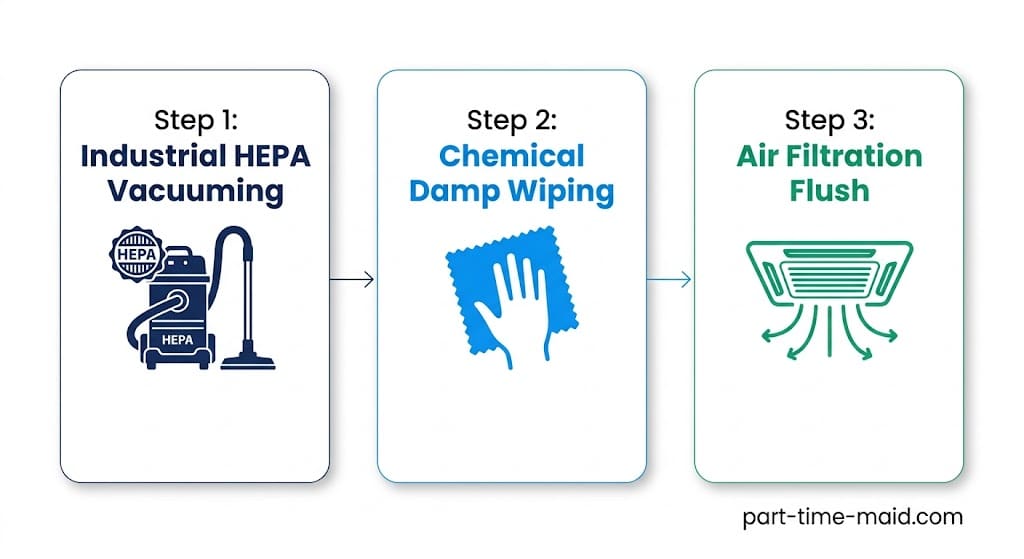 Infographic illustrating the 3 critical stages of post-renovation cleaning: HEPA Vacuuming, Damp Wiping, and Air Filtration Flush.