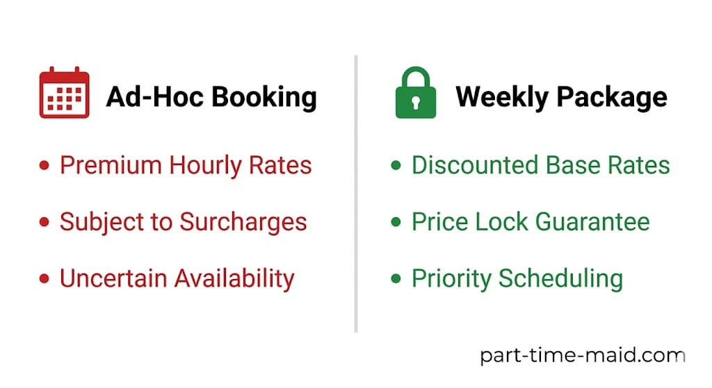 Infographic comparing the financial and scheduling benefits of a weekly cleaning package versus ad-hoc bookings in Singapore.